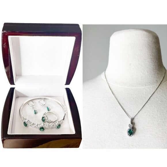 BR Sun Jewelry Set-Simu. Emerald/CZ Silver Tone: Necklace/Ring/Earrings/Bracelet - Picture 1 of 16